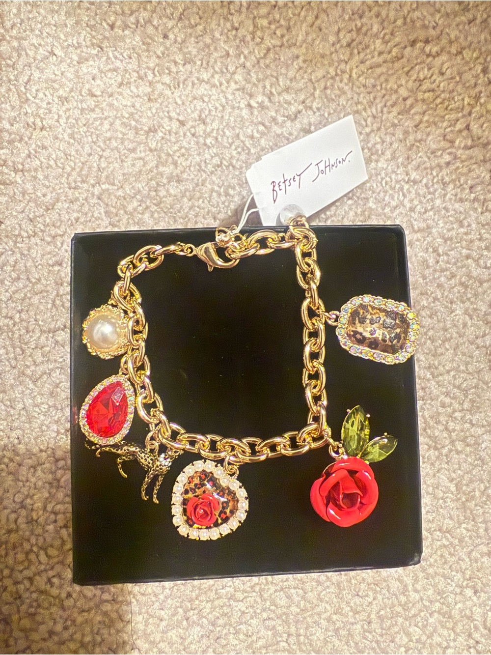 Betsey Johnson Gold Tone Bracelet with Red Rose and Multicolor Charms